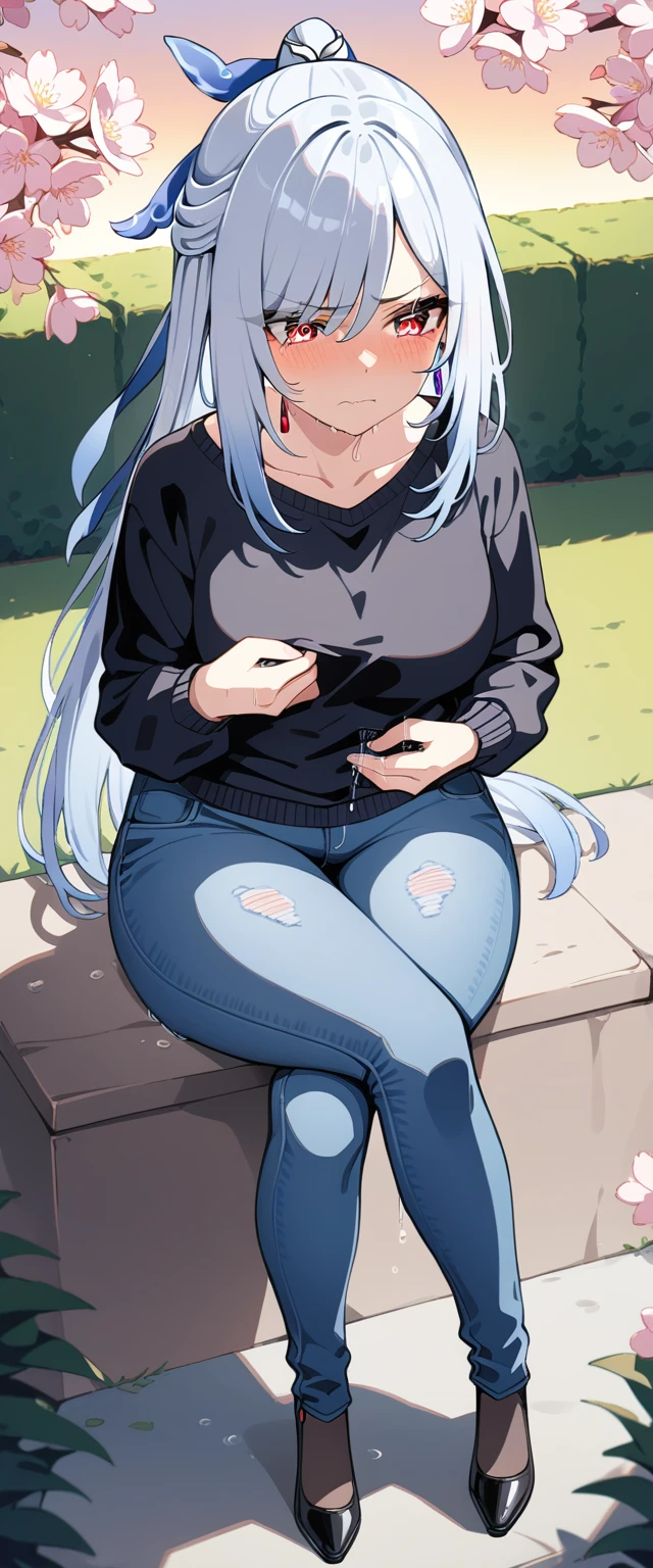 (masterpiece:1.37), best quality, (extremely detailed:1.37), (1girl:1.5), woman, (mature:1.5), (adult:1.5), jingliu, white hair, long hair, ponytail, hair ribbon, red eyes, earrings, jewelry, jeans, (extremely detailed eyes:1.37), (wetting self:2.0), desperation, (standing:1.5), embarrassed, humiliation, blushing, angry, cherry blossoms, garden, (golden hour:1.5), full body, (crossing legs:1.5), from above