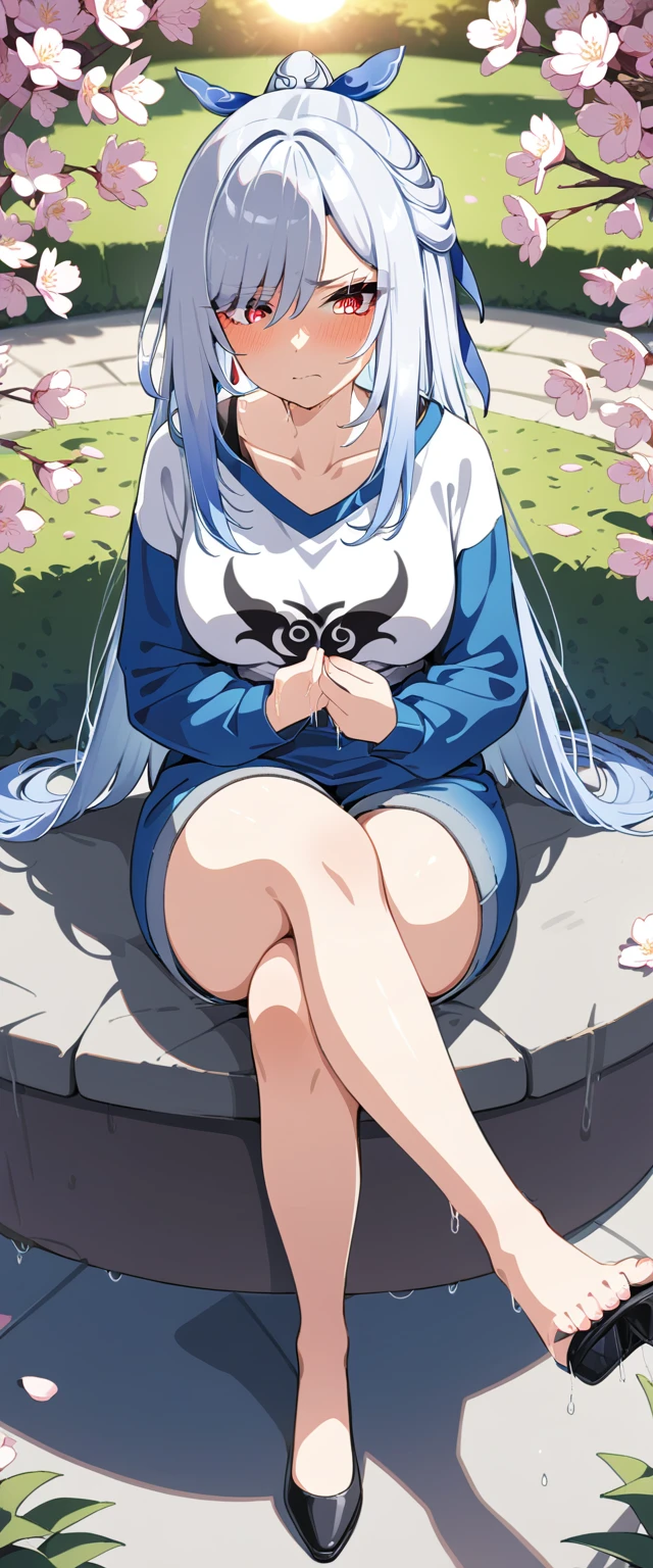 (masterpiece:1.37), best quality, (extremely detailed:1.37), (1girl:1.5), woman, (mature:1.5), (adult:1.5), jingliu, white hair, long hair, ponytail, hair ribbon, red eyes, earrings, jewelry, jeans, (extremely detailed eyes:1.37), (wetting self:2.0), desperation, (standing:1.5), embarrassed, humiliation, blushing, angry, cherry blossoms, garden, (golden hour:1.5), full body, (crossing legs:1.5), from above