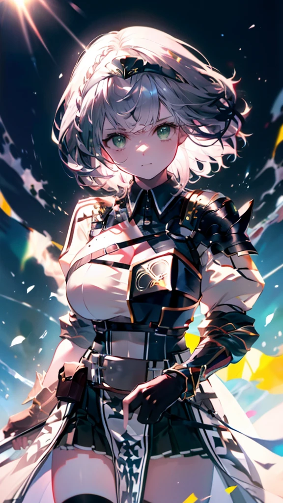 (Ultra-high resolution,masterpiece, Attention to detail, Highest quality), 8k,(aanoel, medium hair, green eyes, hairband, blue collar, shoulder armor, cleavage, mole on breast, armored dress, chest belt, gold trim, fingerless gloves, black gloves, brown belt, pouch, pelvic curtain, black thighhighs),(Blessed,Captivating body、Ultra-detailed skin、Super beautiful eyes、Detailed Background),One girl、 (enjoy :1.5),