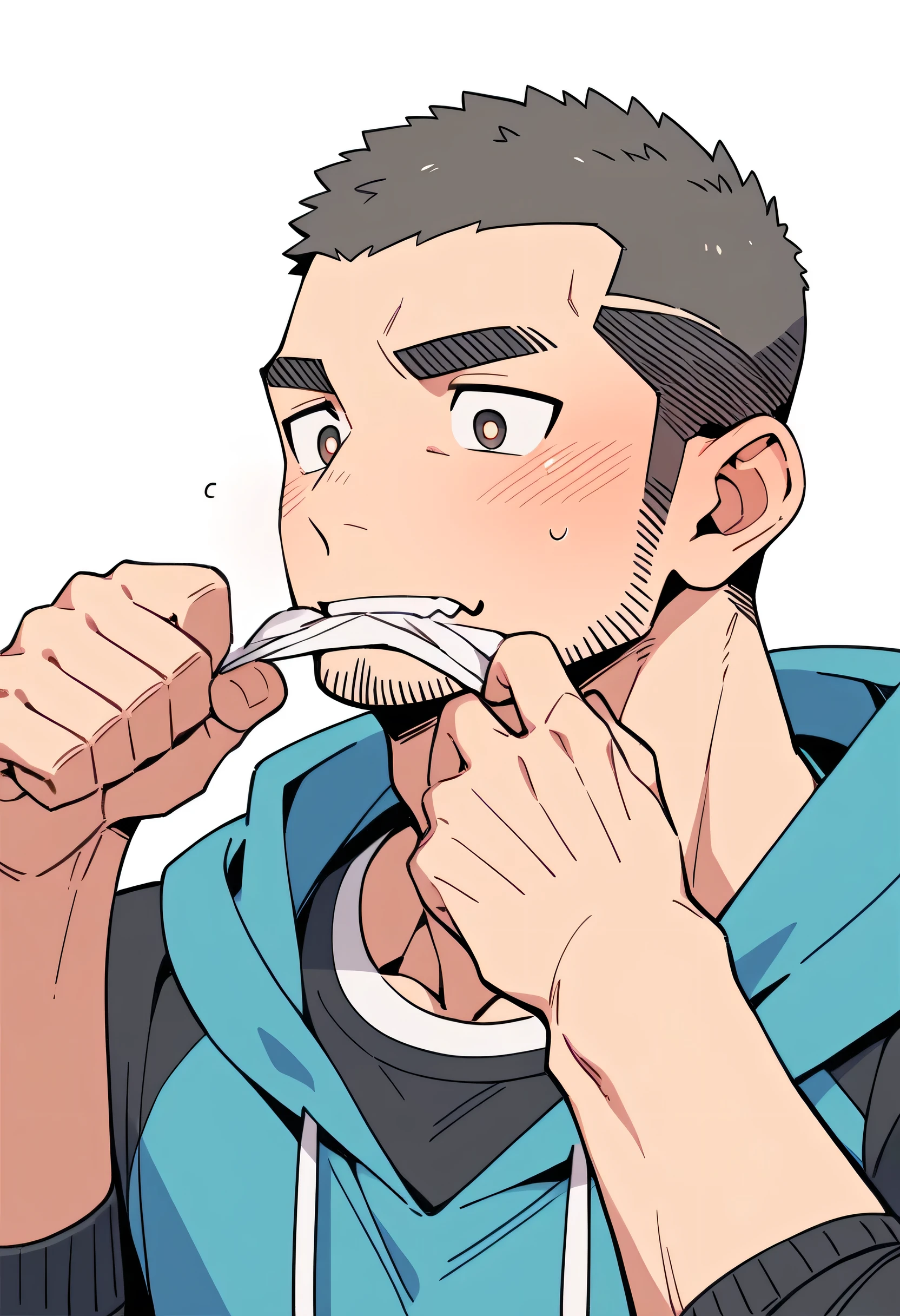 anime characters:Priapus, Muscle Sports Student, Buzz Cut, Manliness, male focus, Sports tight hooded sweatshirt, Very tight, full and perky chest muscles, muscular male, muscular, only, Upper body, alone, Black short hair, Thick eyebrows, stubble, Brown-red pupils, White background, simple background, amazing quality, best aesthetics, Ridiculous, crew cut, blush, Biting a pair of white panties, embarrassed, shy, endured face, negative space, best quality