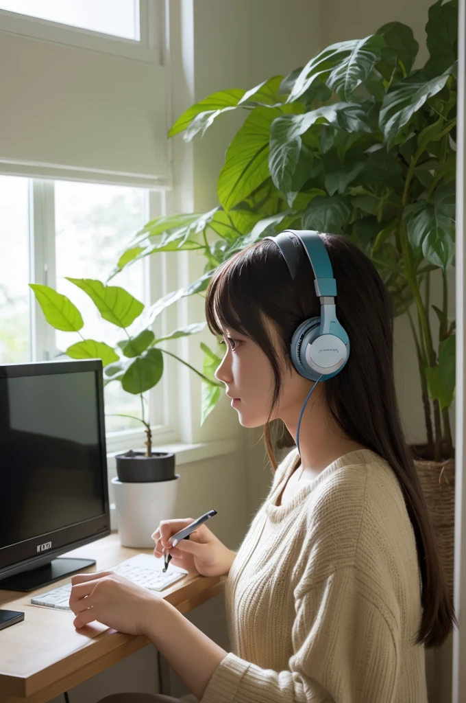 Beautiful girl studying in her room while listening to music with headphones Warm lighting Foliage plant Room with a window Computer work Japanese anime style Ghibli profile
