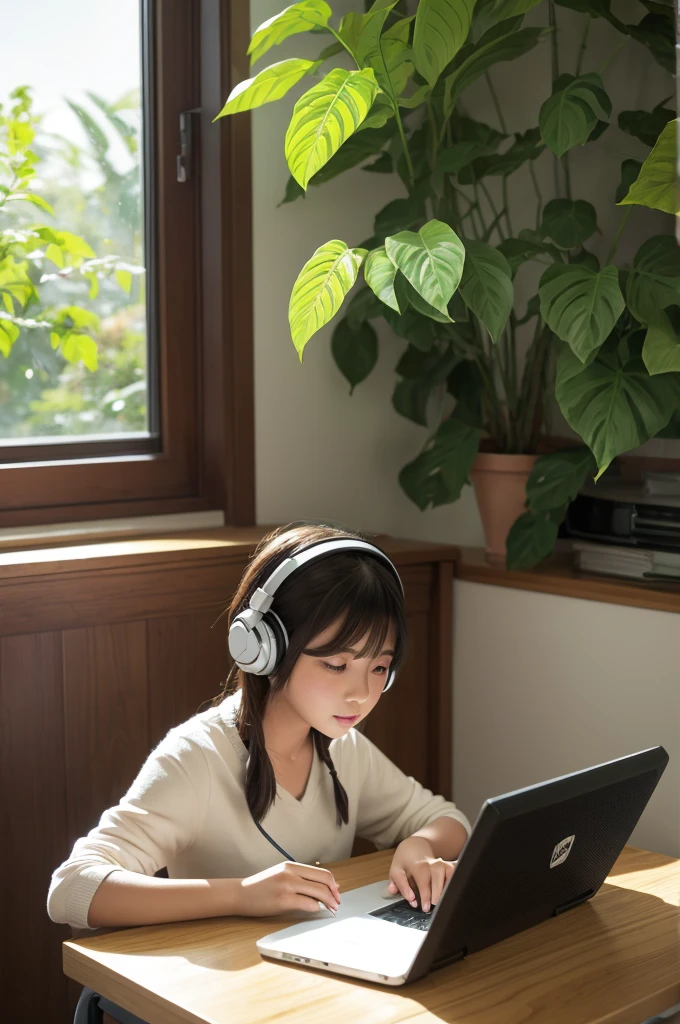 Beautiful girl studying in her room while listening to music with headphones　Warm lighting　Foliage plant　Room with a window　Computer work　Japanese anime style　Ghibli　profile