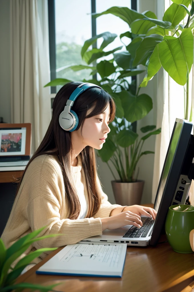 Beautiful girl studying in her room while listening to music with headphones Warm lighting Foliage plant Room with a window Computer work Japanese anime style Ghibli profile