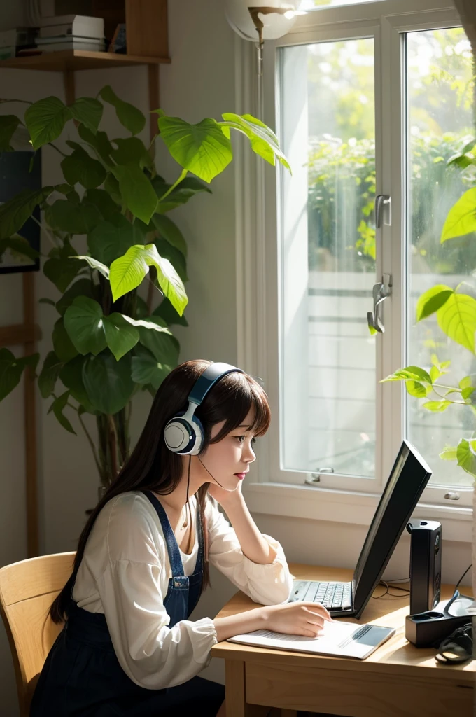 Beautiful girl studying in her room while listening to music with headphones Warm lighting Foliage plant Room with a window Computer work Japanese anime style Ghibli profile