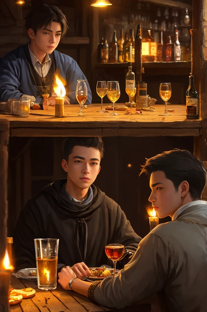 photo by JernauKrisStew, a ( Handsome guy, 15 years old), in a tavern, in the style of modelshoot, (extremely detailed CG unity wallpaper 8k), a photo of the most beautiful work of art in the world, majestic professional oil painting by Ed Blinky, Atey Ghailan, Studio Ghibli, Jeremy Mann, Greg Manchess, Antonio Moro, Trending on ArtStation, Trending on CGSociety, intricate, very detailed, Sharp focus, dramatic, photorealistic painting by Midjourney and Greg Rutkowski, Low light, illuminated torches ((Medieval tavern)), (Looking at the viewer), (Close-up)