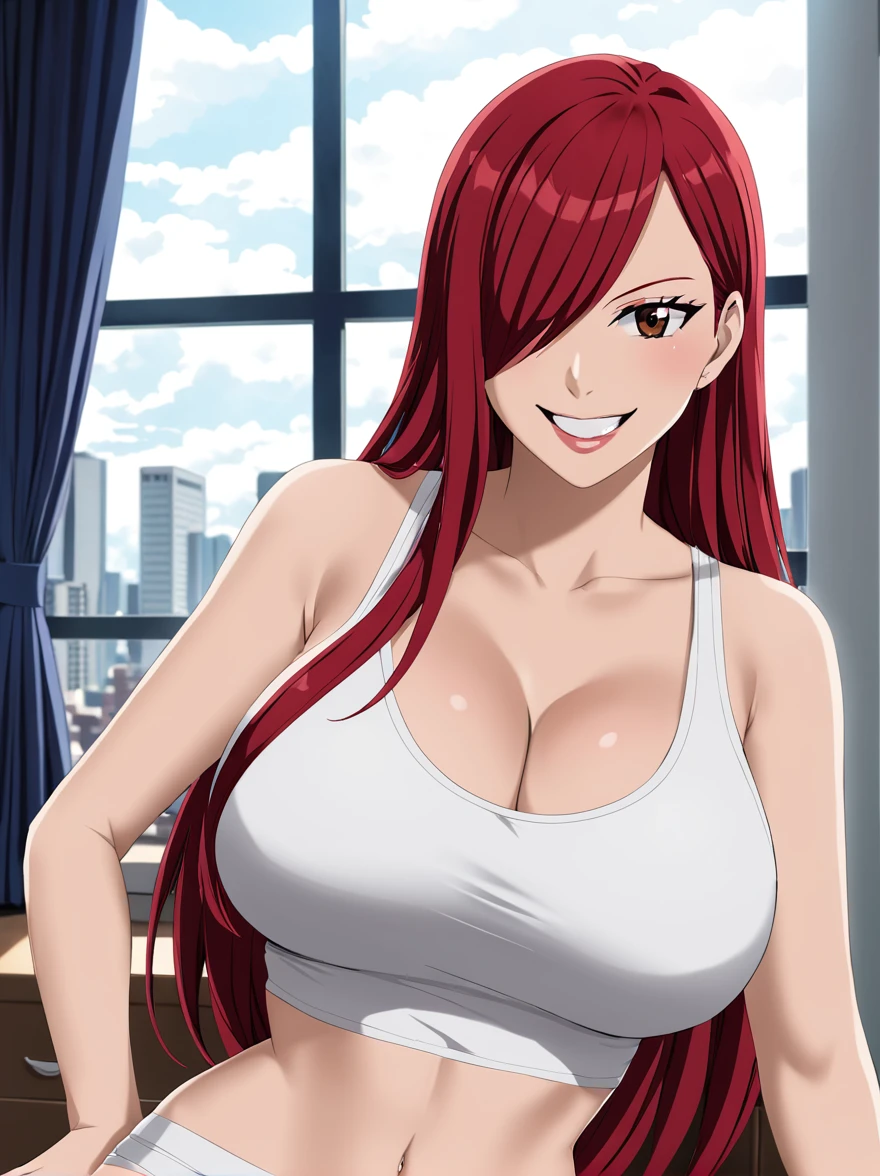 Erza, red hair, navel, crop top, , tank top, collarbone, 1girl, bare shoulders, midriff,cleavage, hair over one eye, large breasts, underwear, long hair,animerza, looking at viewer, grin, brown eyes ,masterpiece, best quality, room, big breasts, cleavage, seductive smile,blush,