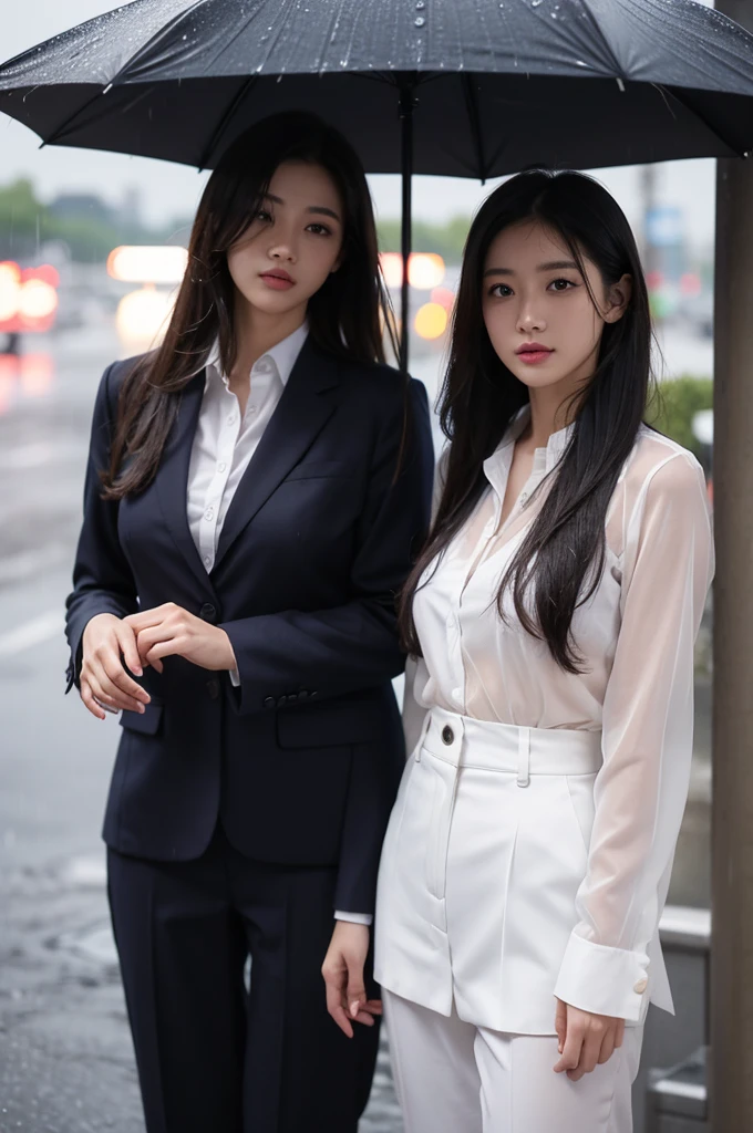 No umbrella、typhoon、Get wet without an umbrella、Beautiful woman in the rain、雨で濡れたBeautyOL、Detailed face、Realistic、beautiful girl、Beauty、Office Lady Uniform、beauty、Beautiful woman、Narrow waist、Handsome woman、Tight pants look、suit、Sexy pose、タイトなsuitパンツ、雨で濡れたsuit、Wet shirt、See-through shirt、Shot in heavy rain、See-through underwear