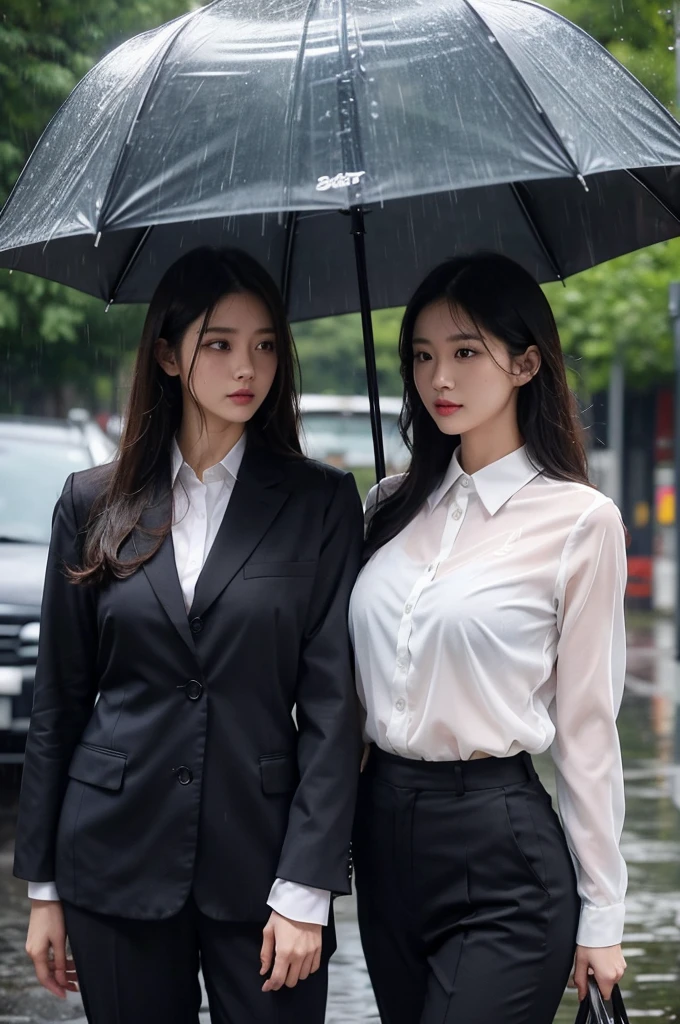 No umbrella、typhoon、Get wet without an umbrella、Beautiful woman in the rain、雨で濡れたBeautyOL、Detailed face、Realistic、beautiful girl、Beauty、Office Lady Uniform、beauty、Beautiful woman、Narrow waist、Handsome woman、Tight pants look、suit、Sexy pose、タイトなsuitパンツ、雨で濡れたsuit、Wet shirt、See-through shirt、Shot in heavy rain、See-through underwear