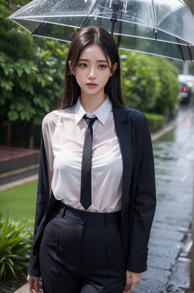 No umbrella、typhoon、Get wet without an umbrella、Beautiful woman in the rain、雨で濡れたBeautyOL、Detailed face、Realistic、beautiful girl、Beauty、Office Lady Uniform、beauty、Beautiful woman、Narrow waist、Handsome woman、Tight pants look、suit、Sexy pose、タイトなsuitパンツ、雨で濡れたsuit、Wet shirt、See-through shirt、Shot in heavy rain、See-through underwear