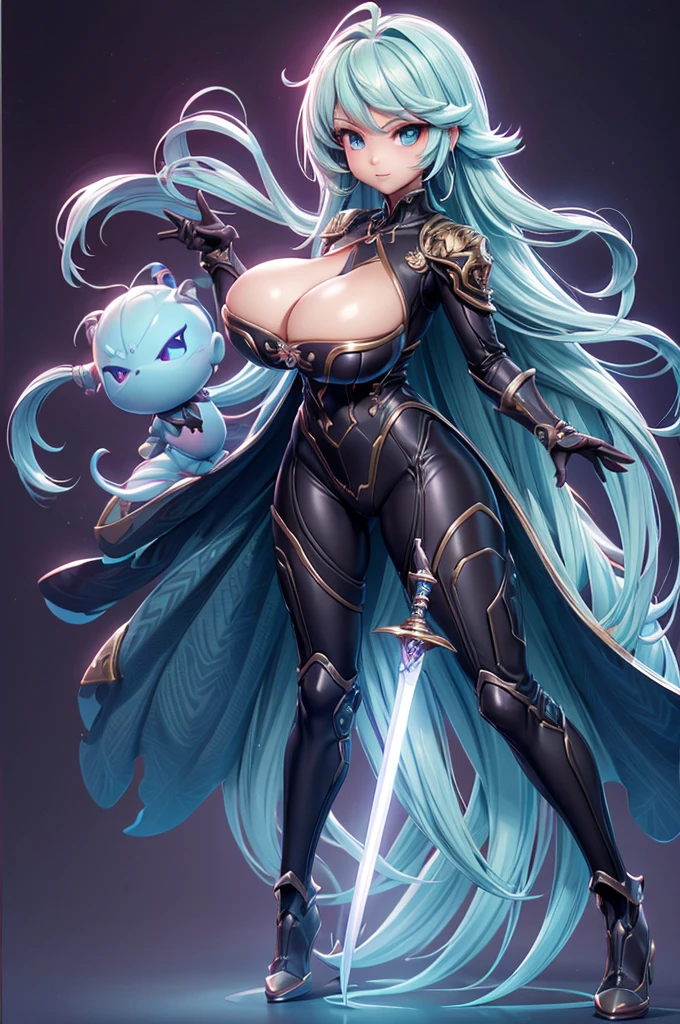 mini dragon, Alone, Ray Tracing, Estilo 3D, 3dmm, (3 poses per photo), full body, (bodysuit branco),(dark dress), over all view,((3 poses per photo)), over all view, Hearts of the Kingdom style clothes,((3 poses in each photo)), over all view, metroid, ((with futuristic sword)),ultra-realistic skin, (big tits),((huge cleavage on the breasts))