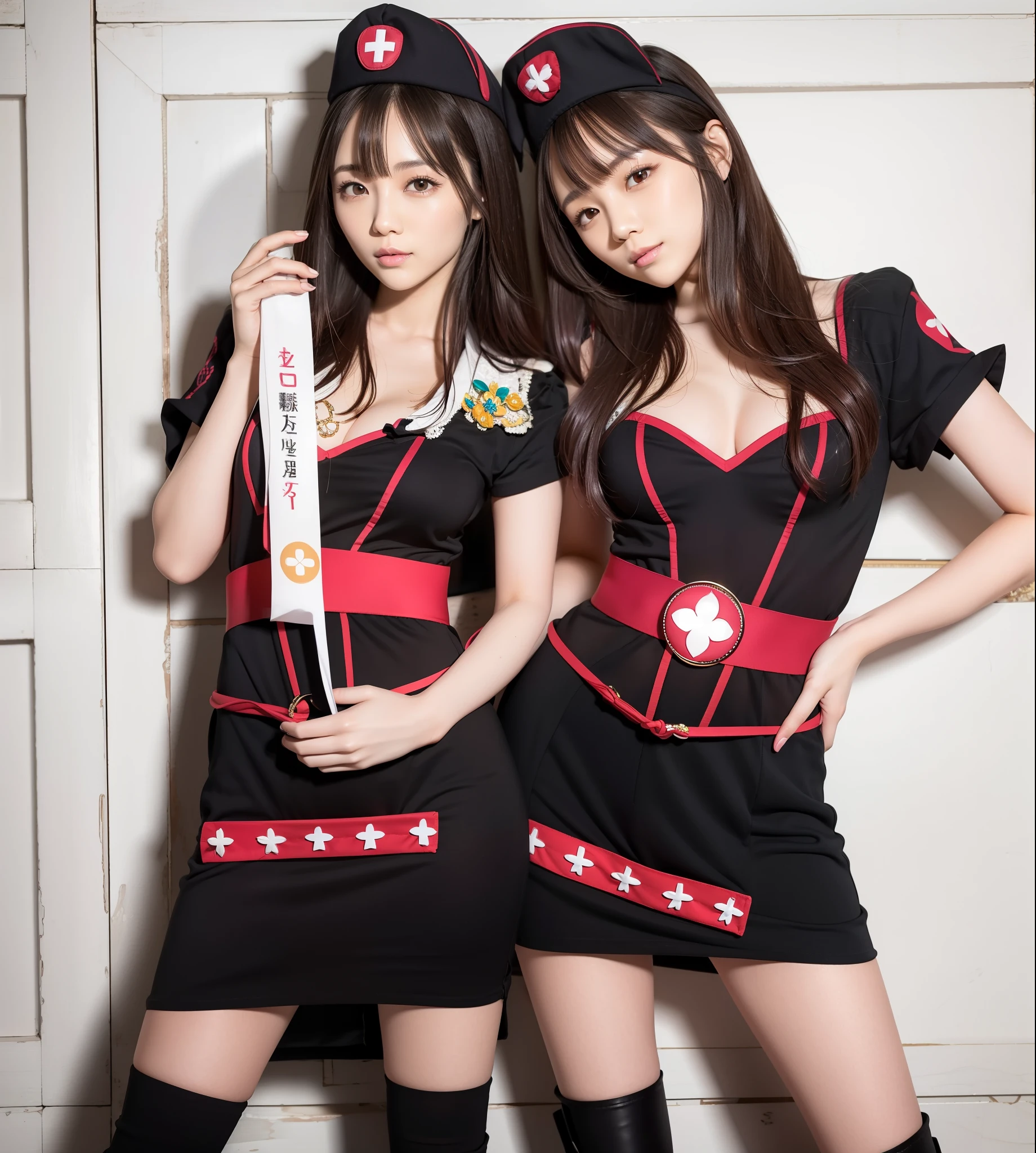 (best quality:1.5), (masterpiece:1.5), full body, very detailed, high resolution, 8k, ((3 girl)), (cute Japanese woman), cute 27 year old beauty, slim body, (busty breasts), thin lips, detailed face, Beautiful and elegant face, cute face, natural bangs, arched eyebrows, well-groomed eyebrows, (big eyes with a good balance between the left and right sides), cute eyes, beautiful eyes, beautiful thin nose, (beautiful skin), medium Hair, Brunette hair, black hair, (natural bangs), (Round and cute face:1.2), (Slightly plump cheeks), slim figure, (looking at the camera with a Gentle smile), beautiful legs, smooth skin skin, slim and beautiful thighs, cute and sexy slim 27 year old woman, fair skin , Beautiful breasts, (Slender and slim body:1.5), (Slim waist:1.8), (slim hips:1.8), ((slim Butt:1.8)), cleavage, (legs apart:1.2), (Natural Light:0.8), (lighting forward:0.8), (lighting front:0.8), (Flat lighting:0.8), Relaxed smile, Detailed fingers, beautiful hands, (Round face:1.4),
