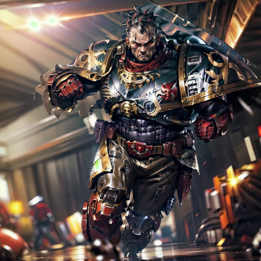volumetric cinematic lighting, (highly detailed:1.4), digital render, smooth, sharp focus, full body 8k render, action shot, realistic reflections, cinematic composition,
calgar, solo, 1boy, middle aged man, military man, bionic eye, cape, ammunition belt, arm cannon, one glowing red eye, power fist, pauldron, iron halo, poised,
jumping, clenched fist, ready to punch, fury, anger,