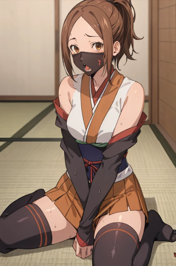 miyoshi kaya, light brown hair, high ponytail,orange eyes, parted bangs, forehead,japanese room,tatami,sitting
 1girl,solo,looking at viewer, ,sweating,open mouth,tongue,,,indoorbare shoulder,detach sleeves,miniskirt,thighhighs,(((ninja costume)))