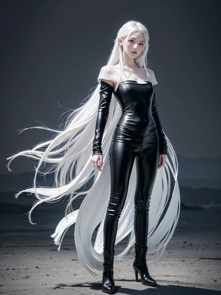 Top quality, RAW Photo, Highest Quality Image, 16K, White hair. Porcelain skin. Beautiful expressive eyes. Sweet and beautiful face. Fantasy clothing. Fantasy world. A slender girl in black leather trousers, armor, shoulder pads and comfortable beautiful clothes. Leather boots. Full length from head to toe. Prominent shoes and boots.