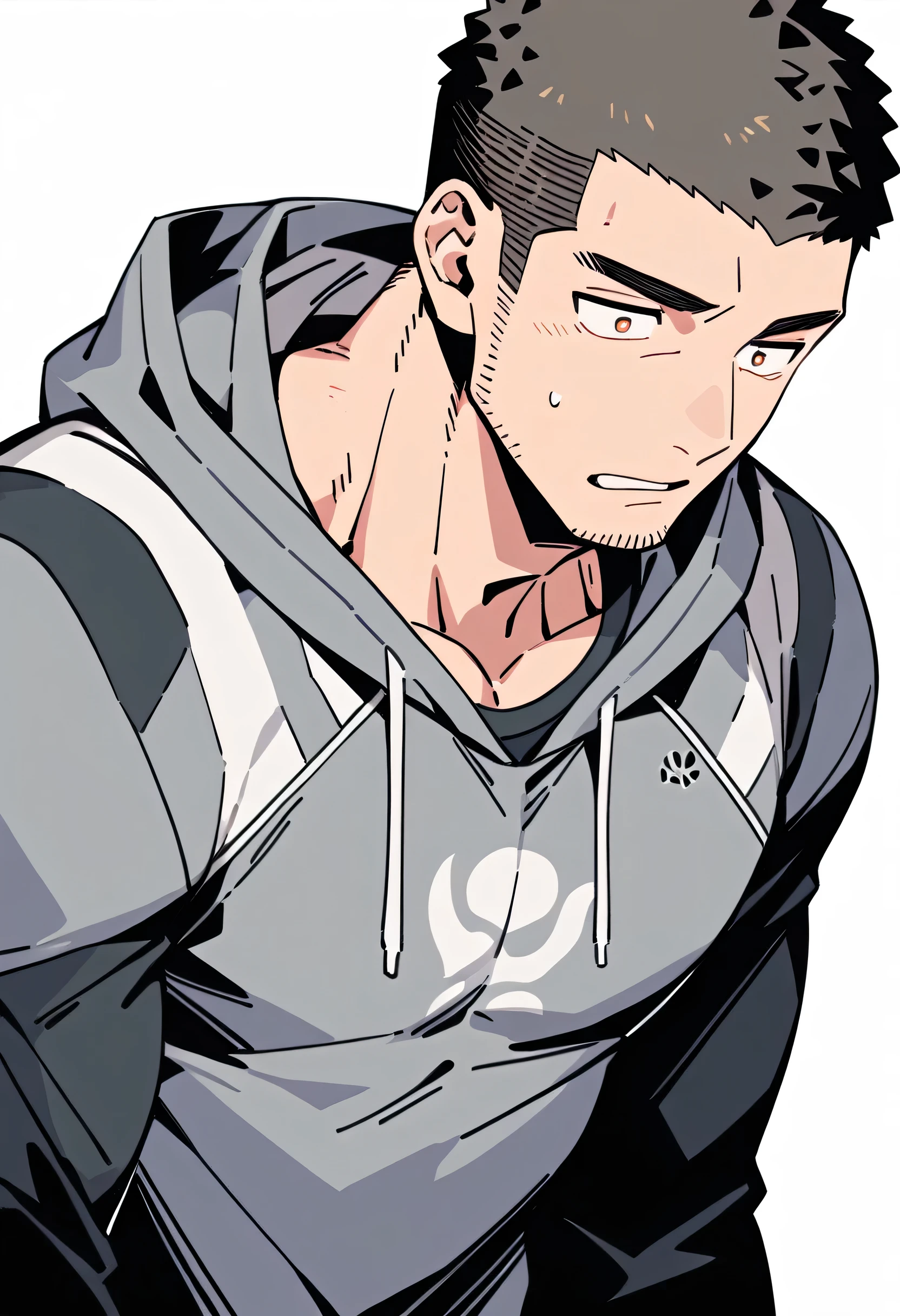 anime characters:Priapus, Muscle Sports Student, Buzz Cut, Manliness, male focus, Sports tight hooded sweatshirt, Very tight, full and perky chest muscles, muscular male, muscular, only, Upper body, alone, Black short hair, Thick eyebrows, stubble, Brown-red pupils, White background, simple background, amazing quality, best aesthetics, Ridiculous, crew cut, parted lips, flustered, endured face, negative space, best quality
