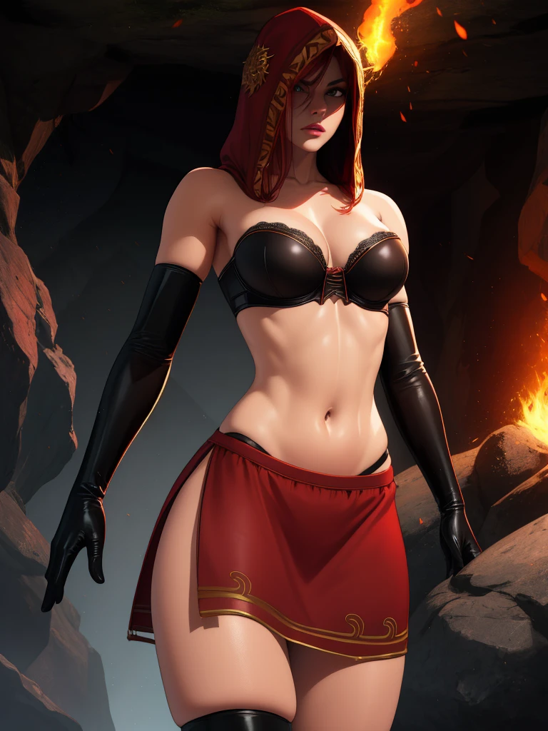 Dsorceress, redhair, shadowy face,dark cave, fire, hood, shadowed face, strapless bra, slim and athletic body, miniskirt, no panty, elbow gloves, dark skin, 1 girl (insanely detailed, masterpiece, best quality)