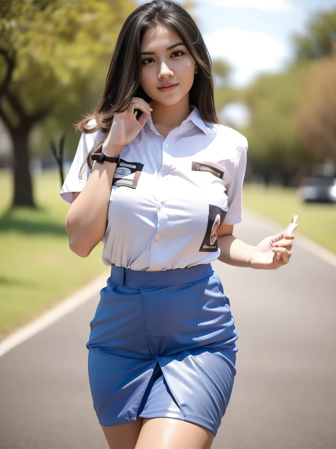1girl, (uniform), standing, outdoors, detailed face, detailed eyes, thick breasts, shiny skin, tight shirt, grey blue short skirt, looking at the audience, low angle shot,(8k, RAW photo, best quality, masterpiece: 1.2), (realistic, realistic: 1.37), ultra-high resolution
