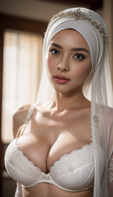 1 girl, 24 years old girl wearing traditional sundanese bridal clithes, (Large D breast: 1.6), (hijab), (open front clothes: 1.3), sexy bra, real skin, realistic skin, detailed skin features, detailed skin texture, detailed clothes features, body proportions, voluptious body, ultra-detailed, real face, detailed facial features, beautiful eyes, grey eyes, detailed eyes, parted lips, gloss on lips, detailed face and breast, best quality, masterpiece, 8k, RAW photography, cinematic lightning, (Best Quality:1.4), 8K resolution, High resolution, (Photorealistic, High resolution:1.4), Raw photo, (Realistic, Photorealsitic:1.37),