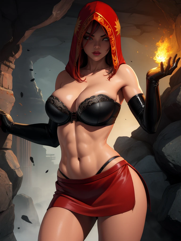 Dsorceress, redhair, shadowy face,dark cave, fire, hood, shadowed face, strapless bra, slim and athletic body, miniskirt, no panty, elbow gloves, dark skin, 1 girl (insanely detailed, masterpiece, best quality)