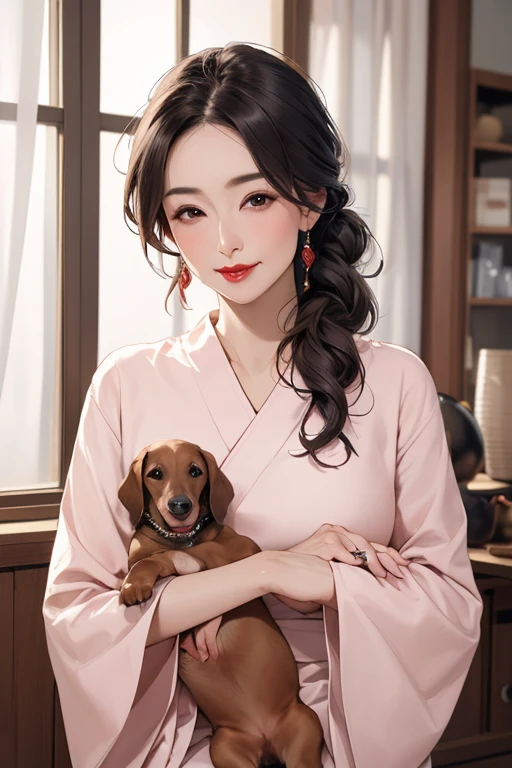 8k, Mature and elegant Japanese woman, 55 years old, Married women, Delicate features, Long eyelashes, Sparkling eyes, Low Ponytail, Red lipstick, Rosy Cheeks, eye shadow, Attractive lips, Hug a Dachshund, (Highest quality,8k,High resolution,masterpiece:1.2),