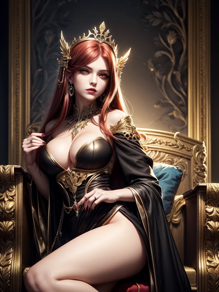 In the dark castle throne room on the huge royal throne in seductive pose siting beatiful demon queen, She have beautiful face with pink eyes rakr eye shadows and dark lipstick sexy make up, golden ring shape earrings on her ponty ears. she have long gorgeous bloody red hair.. dressed in majestic sexy black royal robe with golden metal parts, also she have tattoo all over her body her hands have lonf beautiful nails, (ultra high quality fantasy art, ghothic dark fantasy style, masterpiece, ultra high quality character design, 8k quality anime art, realistic anime art, top quality wallpaper illustration, detailed ultra high quality accurate face, high quality design and accurate physic)