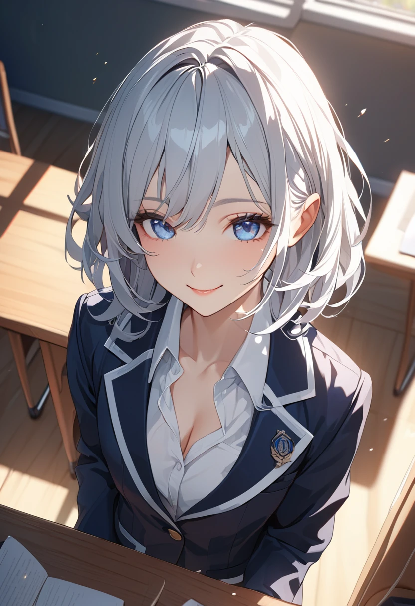 8k, highest quality, masterpiece, Wallpapers by Unity 8k, (One Girl) , 、 Perfect detail, (Best lighting) , (Very complex details)、 1girl, Silver Hair、Round eyes、Very detailed, complex、Flat Chest、 from above, smile、High 、blazer、White shirt、Cleavage、Close-up、School classroom
