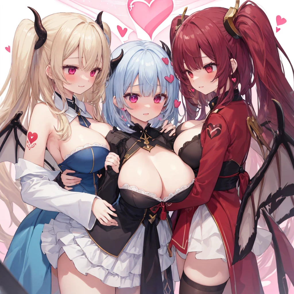 Details, ultra-detailliert, masterpiece, top-quality, Beautiful fece, A detailed eye, (3 women:1.4), Three Succubi (symmetrical succubus wings), (triplets:1.2), (ribbon:1.1), (two side up), tie, Bree, earrings, Suspicious face, (white background:1.3), alicious smile, Bruises and ugly facial features, young features, long-sleeve, fluffy sleeves, fluffy hair, (Open your mouth and laugh), Chiquita, Colossal tits, (Put your hands on your face), Ruffled uniforms, hair clips, (Ridicule:1.1), looking-down, Angle from behind, respected by women, (upward looking gaze:1.2), (hearts symbol:1.5), (lump of heart:1.5), (heart effect:1.5), (heart mark:1.5), demon tail, Devil's Taiuccubus, (super Colossal tits:1.3), (heart tattoo:1.3), Yodare, Devil's Tail, Chest Alignment, Girl Sandwich face sandwich (confused and blushing,kawaii facepose your ahegao), hug each other, catch them, そしてサンドイッチを作ってサンドイッチにhug each otherポーズ, (burying boy's face in cleavage:1.3), sandwich from front and back, Sullen expression 4p, boy looking away