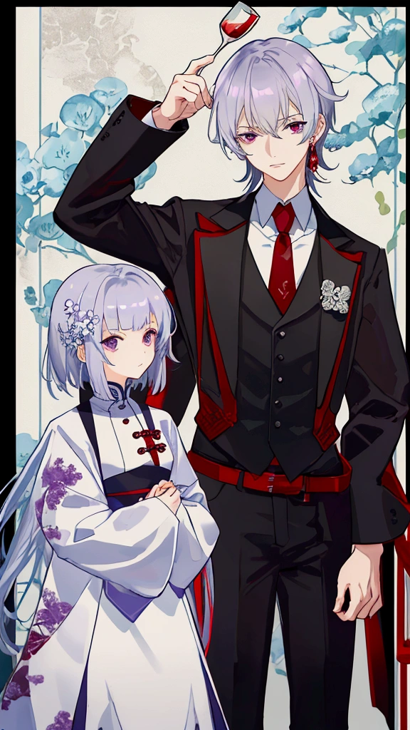 cool成人男性二人。派手なSilver Hair、watercolor、The guy on the right has red eyes、The guy on the left has purple eyes、Silver Hair、There are meshes of various colors in the hair.、holding a wine glass、Wearing a host&#39;s suit。cool。delicate。short hair、The nape is long。The color of the nape is red、More clearly。Her hair is short、Same height。Only two people