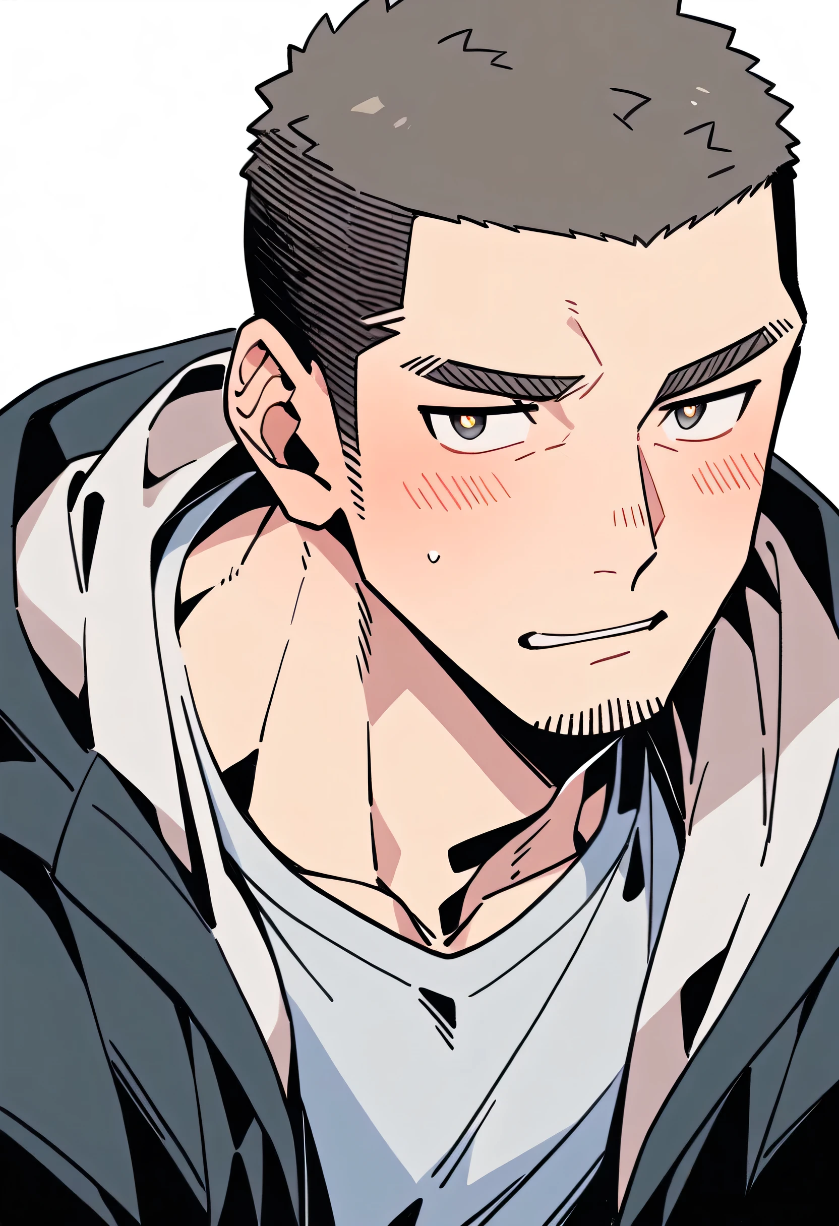 anime characters:Priapus, Muscle Sports Student, Buzz Cut, Manliness, male focus, Sports tight hooded sweatshirt, Very tight, full and perky chest muscles, muscular male, muscular, only, Upper body, alone, Black short hair, Thick eyebrows, stubble, Brown-red pupils, White background, simple background, amazing quality, best aesthetics, Ridiculous, crew cut, parted lips, flustered, endured face, shy, blush, negative space, best quality