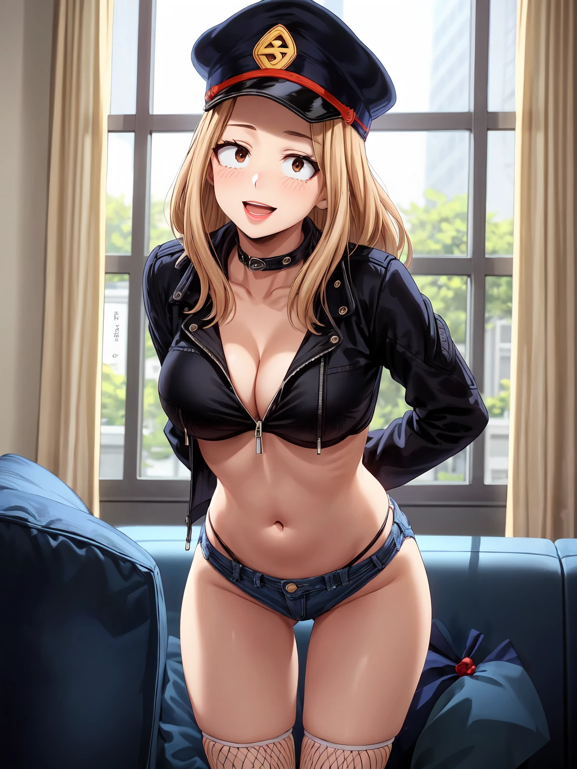 Masterpiece ,best quality , high resolution , (face view , look at view , (pov front view) , (pov from front)) , (1 girl solo:1.38) , (camie, long hair, brown hair, brown eyes, peaked cap , lipstick , eyeliner)) , (slim , tall , slender , thin) , (cleavage:1.05) , (big breast:1.06) , (wear bikini , jacket , belly , denim_micro_short , fishnet stockinhs) , (arms behind back , hand behind back) , (leaning forward:1.35) , (indoor , windows , sofa) , (open mouth , smile , full face blush , shy ) , (standing , thighs ) , (cowboy_shot)