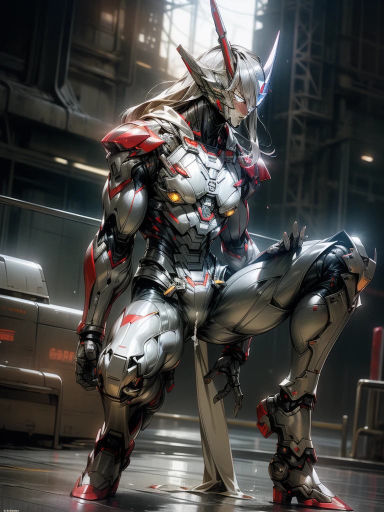 （masterpiece、8k、Ultra-delicate、hight resolution），(((Female Ultraman))),medium breasts，(((No muscleedium Boob)))，(His head is tapering,The body is made of red and silver，The arms present a streamlined design，On the chest there is a round calculator，Looks tall and thin，The overall shape is streamlined、modern)，(standing athletic pose)，posed for photo，high-angle，nigth，city ruins，backgroung details，（（（full body Esbian））），solo，(((Huge feeling))),NSFW,cameltoe,Dynamic Pose,from below,groin focus,the morning sun,(Erect clitoris:1.3),(Squatting:1.2),spread legs,(Open pussy:1.1),((wet pussy:1.1)),(long silver hair:1.1),red blush,smile、Attaching a cloak,(cum on face:1.2)