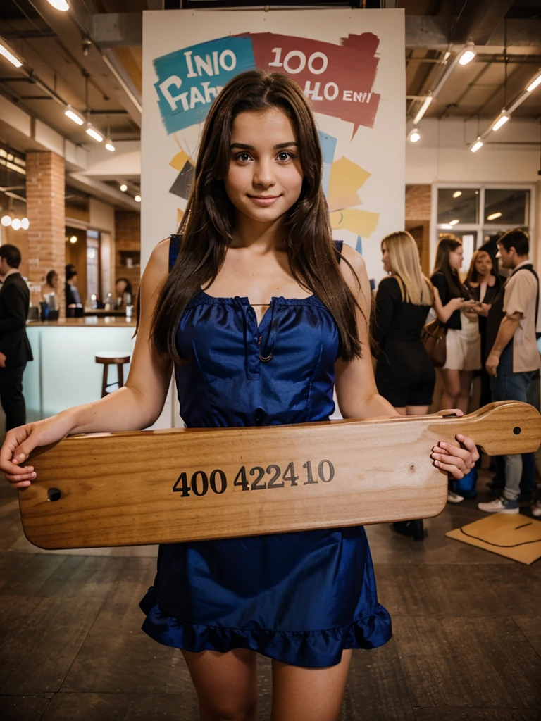 How girl in party dress holding a board written 4000