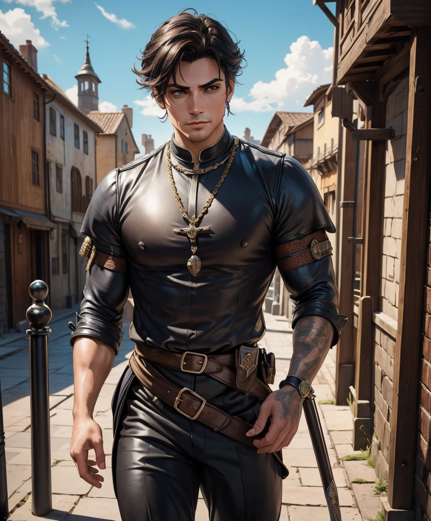 score_9, score_8_up, score_8,  (((Single character image.))) (((1boy))) (((Dressed in medieval fantasy attire.)))     (((This character is very sexy and dashing.))) Generate a daring, thrilling swashbuckler with a charm and style that is irresistible.  This is a character designed for a swashbuckler setting, near an exciting port town inhabited by dangerous thugs and other criminals.  He should be dashing, attractive and a charming and daring adventurer.  He wears stylish swashbuckler fashion with dark hair, dark features and a muscular build. bulgeJ8 (((Background of the image is the medieval style port town.))) (masterpiece, top quality, best quality, official art, beautiful and aesthetic:1.2), extreme detailed,  colorful, highest detailed,  best quality:1.0,hyperealistic:1.0,photorealistic:1.0,madly detailed CG unity 8k wallpaper:1.0,masterpiece:1.3,madly detailed photo:1.2, hyper-realistic lifelike texture:1.4, picture-perfect:1.0,8k, HQ,best quality:1.0, 