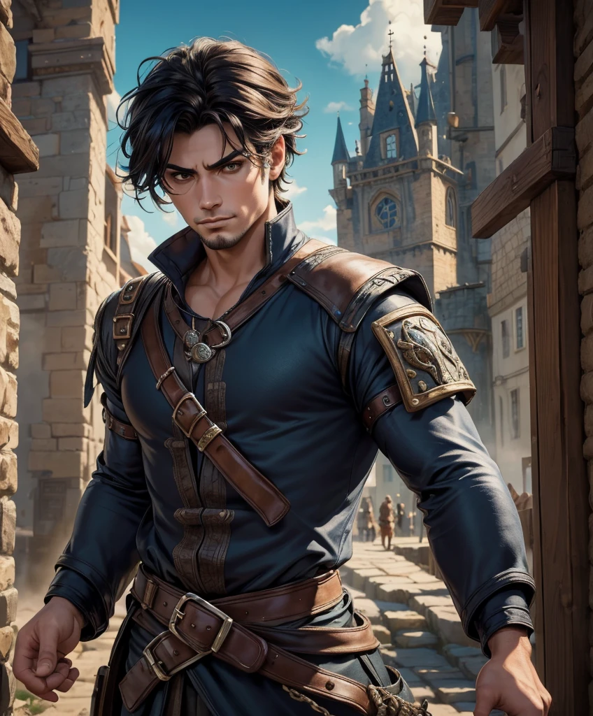 score_9, score_8_up, score_8,  (((Single character image.))) (((1boy))) (((Dressed in medieval fantasy attire.)))     (((This character is very sexy and dashing.))) Generate a daring, thrilling swashbuckler with a charm and style that is irresistible.  This is a character designed for a swashbuckler setting, near an exciting port town inhabited by dangerous thugs and other criminals.  He should be dashing, attractive and a charming and daring adventurer.  He wears stylish swashbuckler fashion with dark hair, dark features and a muscular build. bulgeJ8 (((Background of the image is the medieval style port town.))) (masterpiece, top quality, best quality, official art, beautiful and aesthetic:1.2), extreme detailed,  colorful, highest detailed,  best quality:1.0,hyperealistic:1.0,photorealistic:1.0,madly detailed CG unity 8k wallpaper:1.0,masterpiece:1.3,madly detailed photo:1.2, hyper-realistic lifelike texture:1.4, picture-perfect:1.0,8k, HQ,best quality:1.0, 