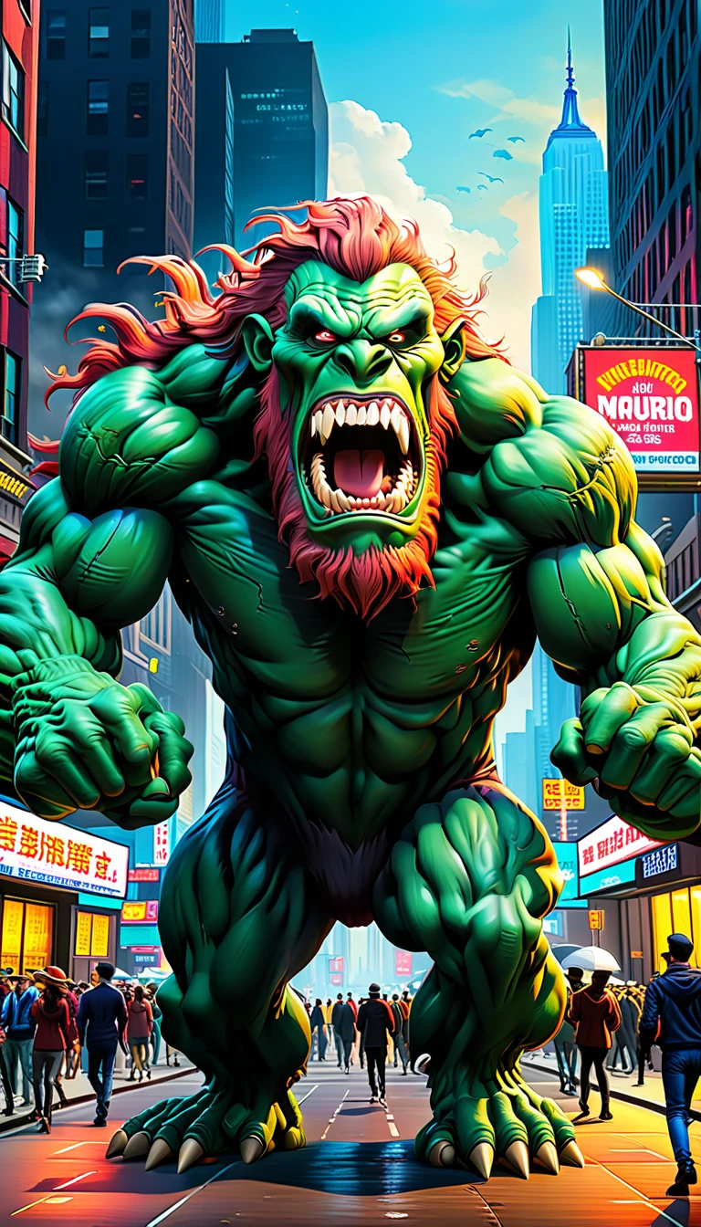 Giant monster, At the club, Entering New York City, People who are scared and run away々, Cinematic, Very detailed, Boris Vallejo style.