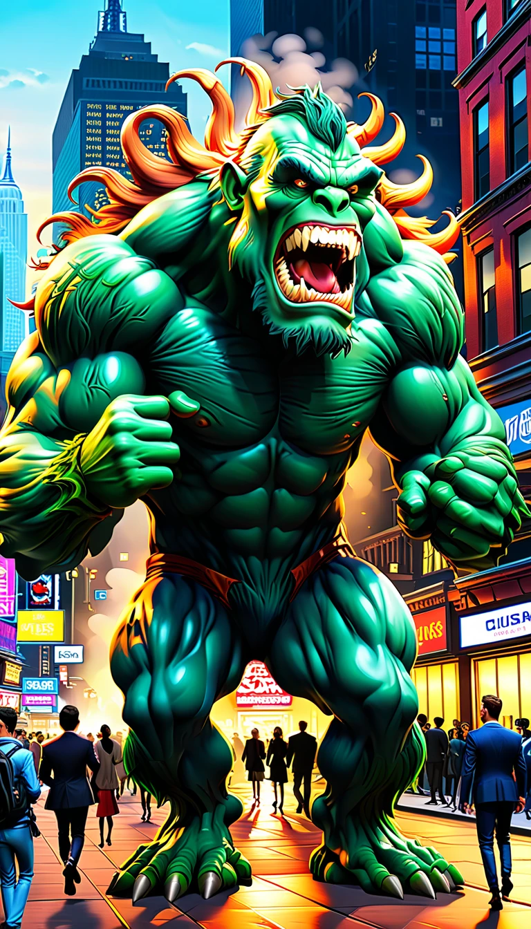 Giant monster, At the club, Entering New York City, People who are scared and run away々, Cinematic, Very detailed, Boris Vallejo style.
