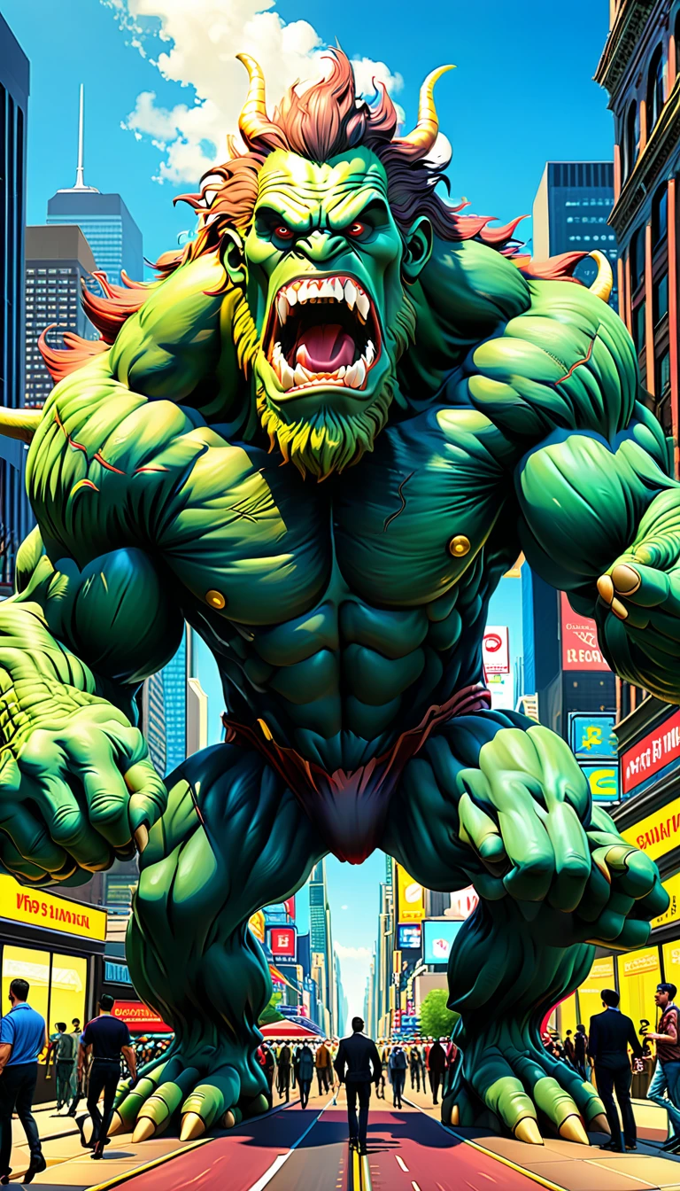 Giant monster, At the club, Entering New York City, People who are scared and run away々, Cinematic, Very detailed, Boris Vallejo style.