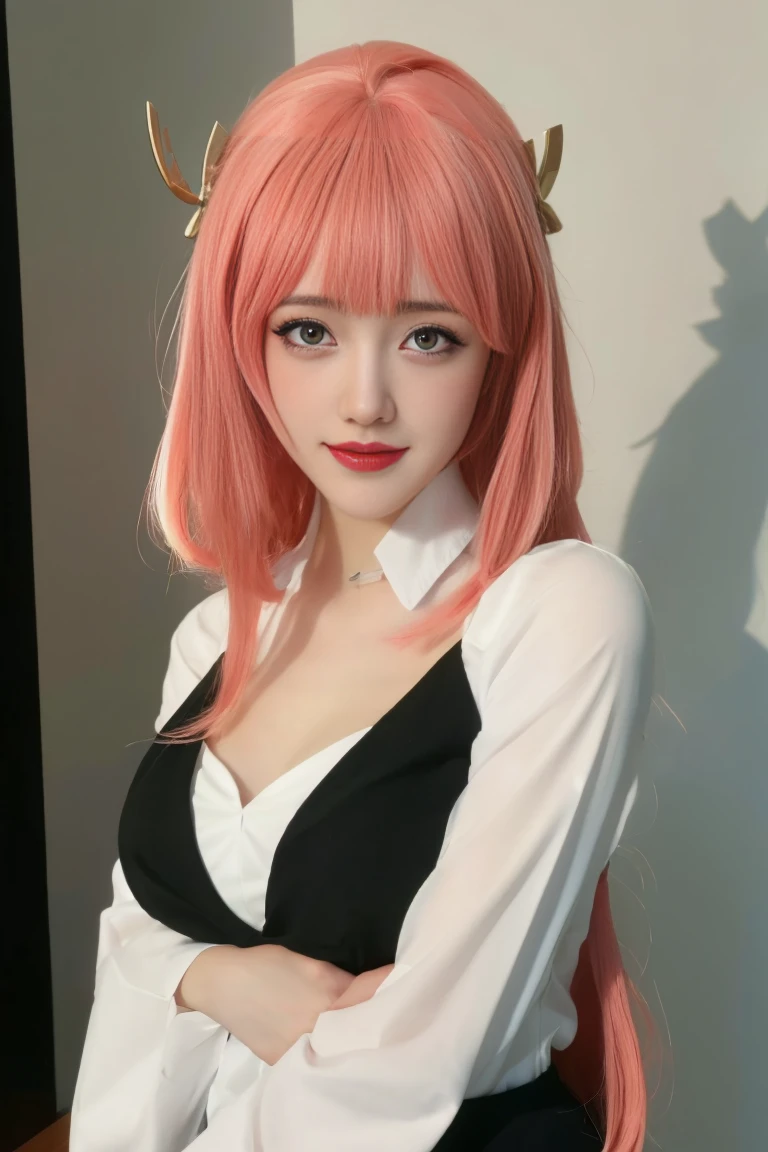 4k ultra high definition、best quality, masterpiece, ultra-high resolution, (Reality: 1.4), 1 girl, Thin hair、My cosmetics), ((Redish skin,Light skin、Realistic skin texture、Smooth and beautiful skin、Bright skin and luminous)), (panorama:1.8)(masterpiece, best quality, Very detailed, Best shadows), (Detailed background), (Beautiful and smooth face), High contrast, (Optimal lighting, Very smooth), ((Bright )), Highly Detailed, Dramatic Light, Intricate Details, Sharp face, Hair between the eyes), (broken glass), standing, (Viewing viwer:1.5), long hair, (pink hair), (hair ornament:1.3), jewelry, Earring, One eye is covered by hair, Bangs, blue eyes, Double eyelids, blush, flushed cheeks, smile, (Shirts:1.3), (white shirt), (pencil skirts), (Long sleeve), (Black skirt), (upper body:1.3), (super Giant breasts:1.3), (shagging breasts:1.3), (Cleavage:1.3), 