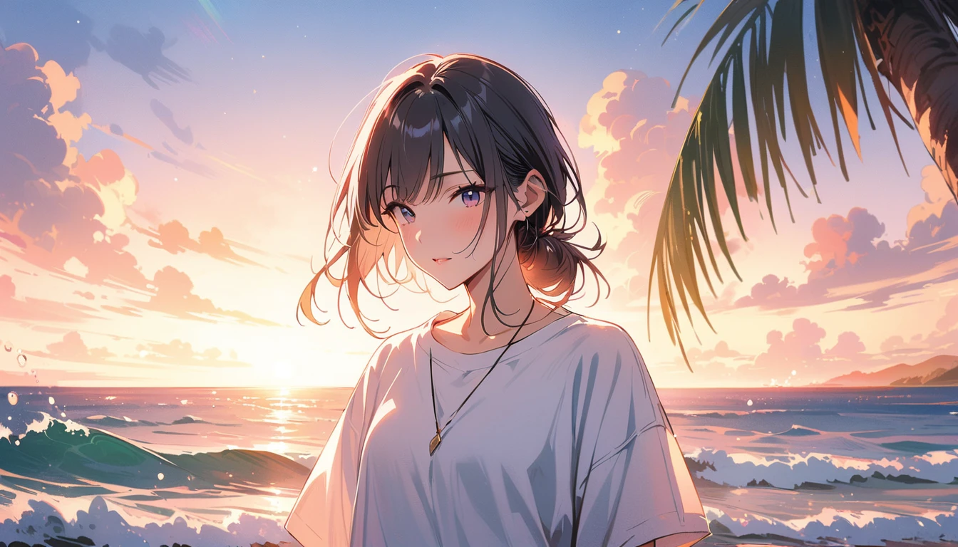 night, sand,、、、 fuzzy detailed background, starry sky, milky way, coconut tree, starlight, t-shirt, shorts, cowboy shot, perfect, (raw photo, best quality, 1), ultra high definition, (realistic, photorealistic: 1.75), one young girl with big, watch viewer, bottomless, transparent silhouette (wet body) 1.4), ( Clear silhouette with super detail, big eyes, (ultra-thin body: 1.2), skindentation, bob hair, blush face, seductive vision, blush face, perfect detail face, spread hands,