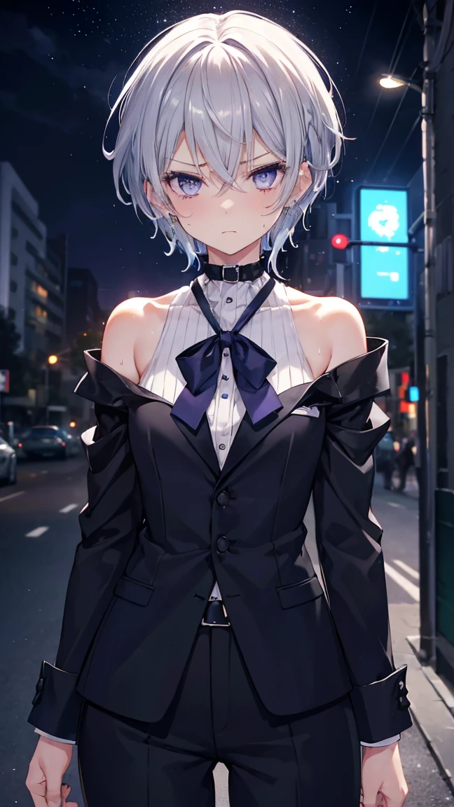 High resolution,high resolution,Girl,(Braiding,Gray Hair,Short Hair,Blue accent color),Purple Eyes,Slanted Eyes,Bad mood,boyish,slender,Toned body,Butler,Tuxedo,Tattoo,,low length,Starry Sky,choker,Wet with sweat,