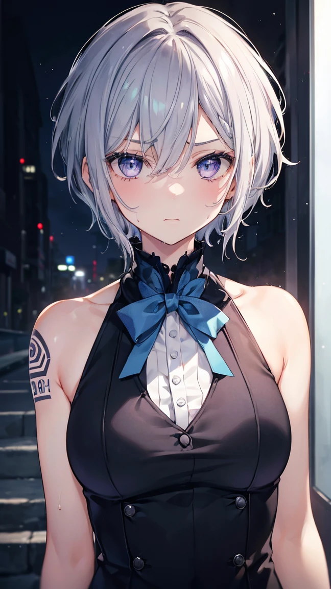 High resolution,high resolution,Girl,(Braiding,Gray Hair,Short Hair,Blue accent color),Purple Eyes,Slanted Eyes,Bad mood,boyish,slender,Toned body,Butler,Tuxedo,Tattoo,,low length,Starry Sky,choker,Wet with sweat,