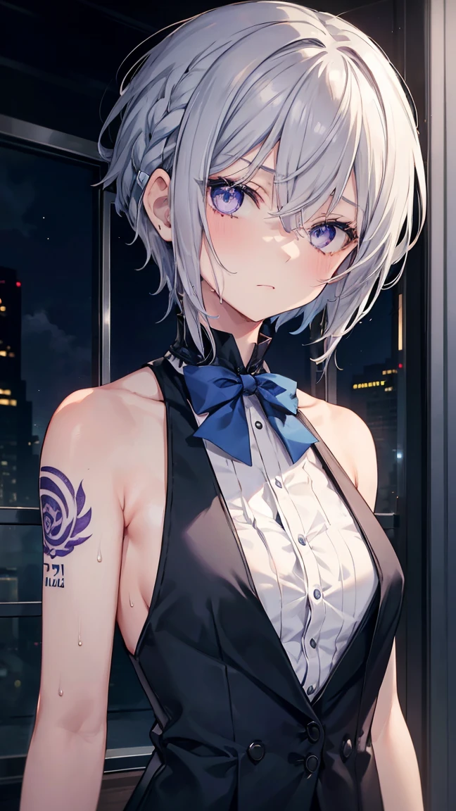 High resolution,high resolution,Girl,(Braiding,Gray Hair,Short Hair,Blue accent color),Purple Eyes,Slanted Eyes,Bad mood,boyish,slender,Toned body,Butler,Tuxedo,Tattoo,,low length,Starry Sky,choker,Wet with sweat,
