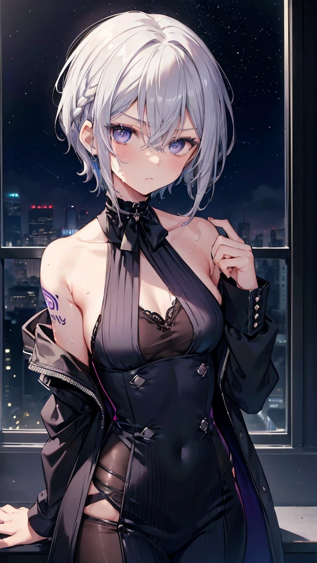High resolution,high resolution,Girl,(Braiding,Gray Hair,Short Hair,Blue accent color),Purple Eyes,Slanted Eyes,Bad mood,boyish,slender,Toned body,Butler,Tuxedo,Tattoo,,low length,Starry Sky,choker,Wet with sweat,