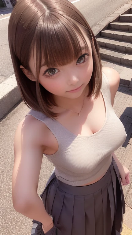 ((Pleated long skirt with slit))、Tank top shirt、In the streets of Shibuya、Standing halfway up the stairs、1 girl、Bob Hair、Brown Hair、Medium breast、Anatomically correct limbs、Anatomically correct fingerasterpiece:1.3、Raw photo、Highest quality、Detailed Background、((Looking up from below))、looking at the camera、