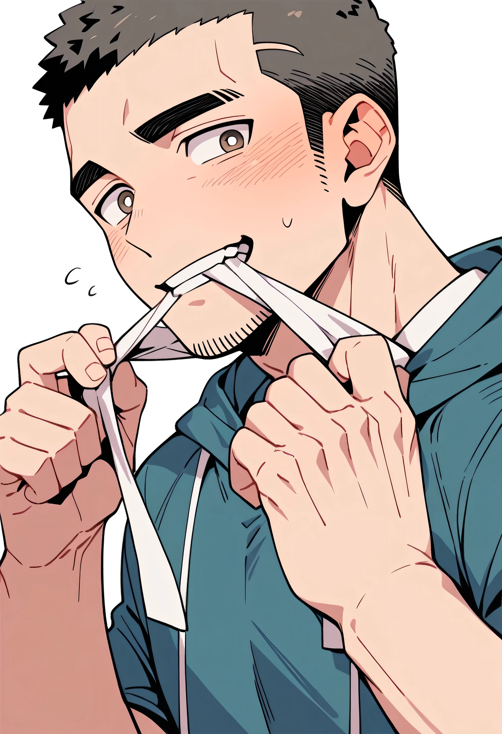 anime characters:Priapus, Muscle Sports Student, Buzz Cut, Manliness, male focus, Sports tight hooded sweatshirt, Very tight, full and perky chest muscles, muscular male, muscular, only, Upper body, alone, Black short hair, Thick eyebrows, stubble, Brown-red pupils, White background, simple background, amazing quality, best aesthetics, Ridiculous, crew cut, blush, Biting a pair of white panties, embarrassed, shy, endured face, negative space, best quality
