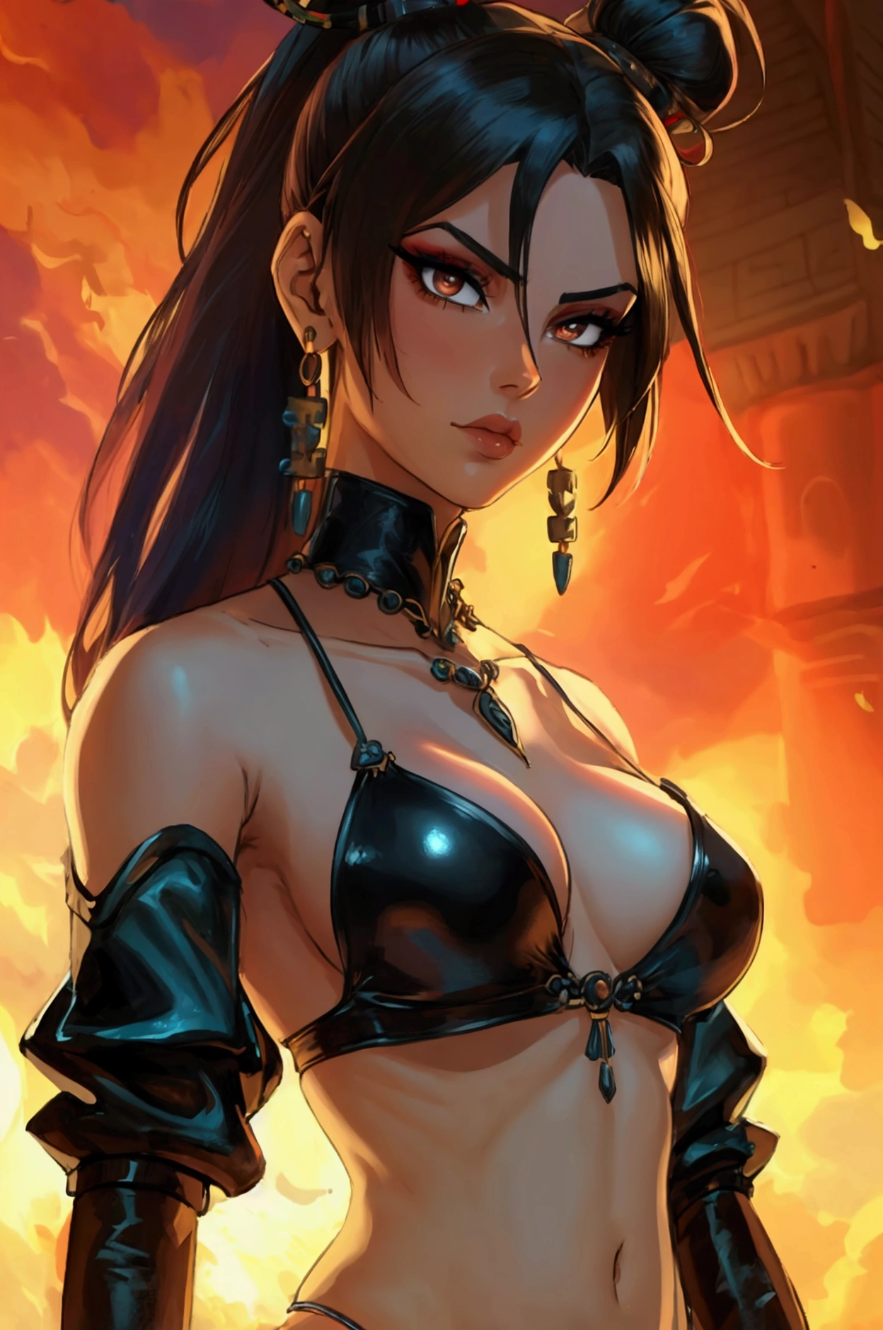 1girl,a beautiful fashion model ,(masterpiece, official art, best quality) (blue eyes) ,long and shiny hair, black hair, long ponytail, hair strand between eyes, full lips, upturned nose ((((tan skin, bronze skin, 1.3)))), big boobs, stripping, elegant makeup, exhibitionism, naked in public, akali, slim thighs, toned body, shiny skin, sexy pose, blue eyes,(( (slender, skinny, slim))), gold hoop earrings, pink eyeshadow, cute face, grope, (((((girl chained to post in front of campfire, helpless, girl is surrounded by monsters, monster sex, girl being penetrated by monster))))