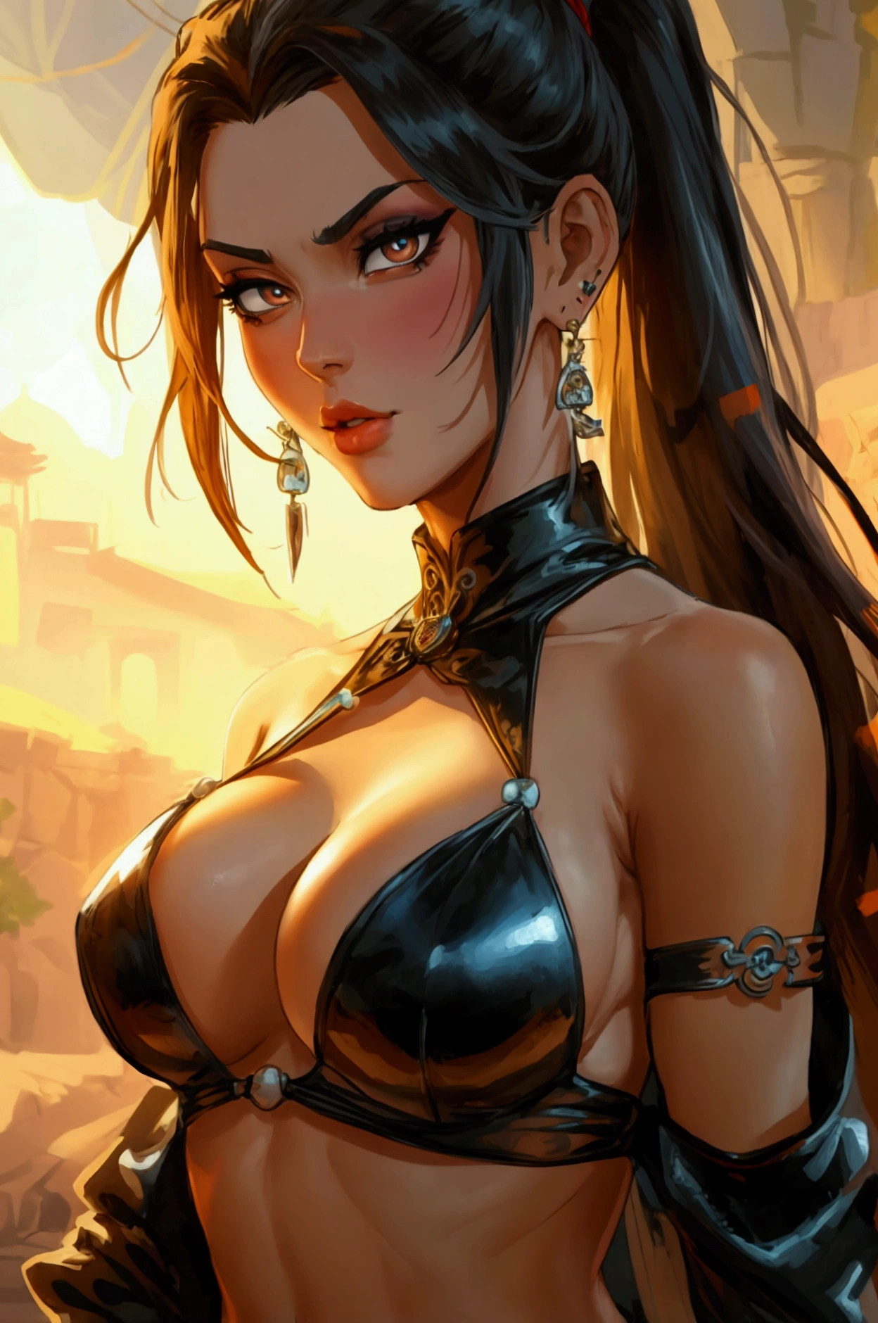 Very tall, slim milf; Azula from Aang the last airbander; incredible long ponytail; strong goth makeup; brown eyes; small firm,pointy breast; sensual midriff; wearing jewelery, necklace, earrings, transparent black bikini top, short leather jacket, visible fancy figa thong strings; gloves, rings, church, best quality, expressive eyes, perfect face, masterpiece, slim body, very long legs, detailed stomach, detailed hips, detailed legs, carefully drawn toes, carefully drawn feet, carefully drawn hands, best quality, drawn with careful, Dynamic Angle, Highly detailed, seductive eyes