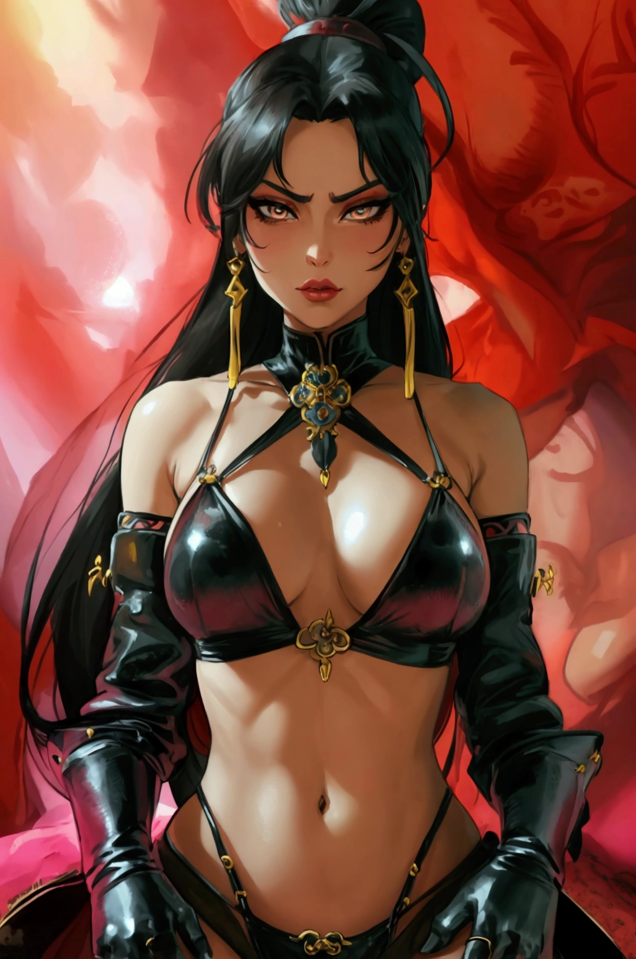 Very tall, slim milf; Azula from Aang the last airbander; incredible long ponytail; strong goth makeup; brown eyes; small firm,pointy breast; sensual midriff; wearing jewelery, necklace, earrings, transparent black bikini top, short leather jacket, visible fancy figa thong strings; gloves, rings, church, best quality, expressive eyes, perfect face, masterpiece, slim body, very long legs, detailed stomach, detailed hips, detailed legs, carefully drawn toes, carefully drawn feet, carefully drawn hands, best quality, drawn with careful, Dynamic Angle, Highly detailed, seductive eyes