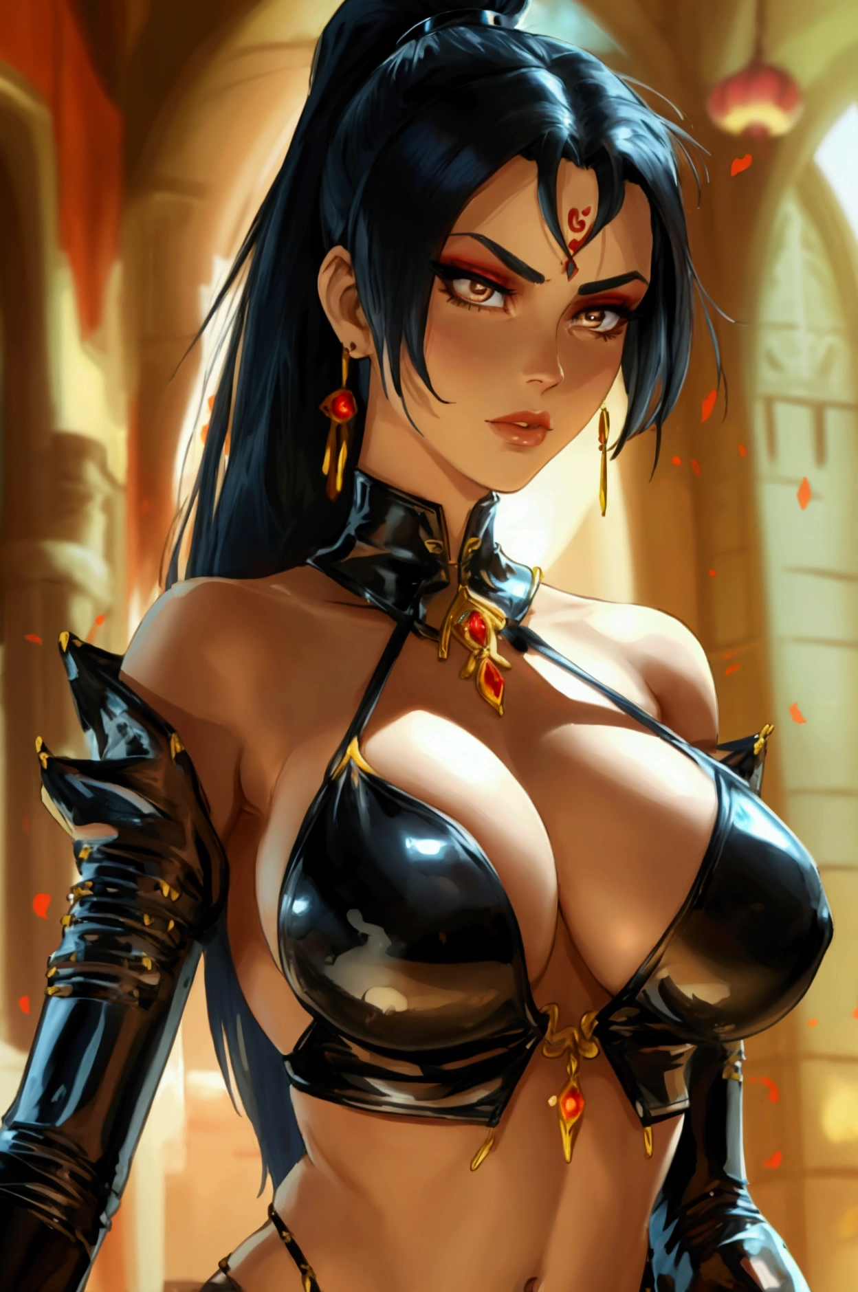 Very tall, slim ; Azula from Aang the last airbander; incredible long ponytail; strong goth makeup; brown eyes; small firm,pointy breansual midriff; wearing jewelery, necklace, earrings, transparent black bikini top, short leather jacket, visible fancy figa thongings; gloves, rings, church, best quality, expressive eyes, perfect face, masterpiece, slim body, very long legs, detailed stomach, detailed hips, detailed legs, carefully drawn toes, carefully drawn feet, carefully drawn hands, best quality, drawn with careful, Dynamic Angle, Highly detailed, seductive eyes