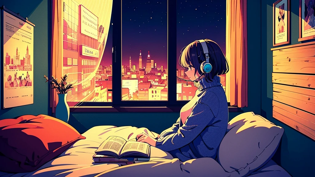 A detailed anime girl, wearing a large sweater, wearing headband headphones, lofi, tranquil, quiet vibes, chilling, in her bedroom looking at the window, night, quiet night, masterpiece, best quality, study